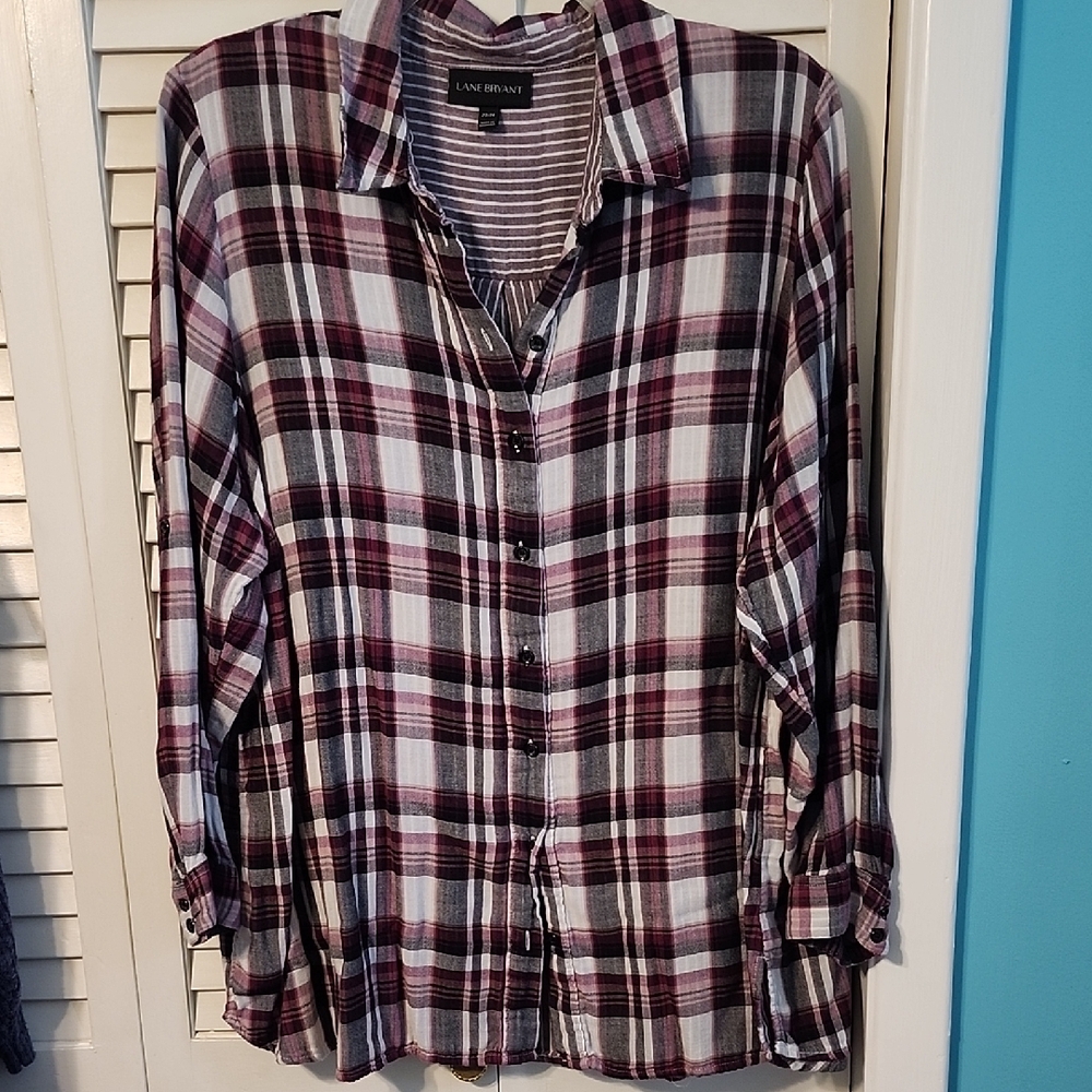 Lane Bryant Burgundy and White Plaid Shirt